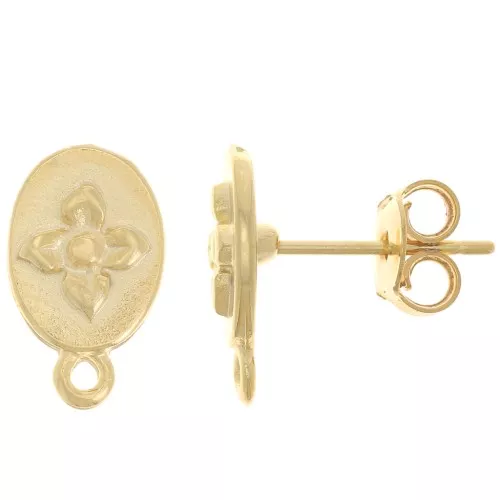 Pendientes ovalados 13x8 mm con motivo de flor y anillo cerrado - Dorado oro fino x2