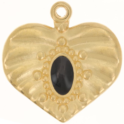 Colgante de corazón con efecto plisado de 26 mm con resina epoxi - Dorado oro fino - Negro x1