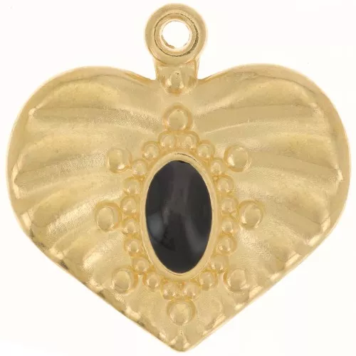 Colgante de corazón con efecto plisado de 26 mm con resina epoxi - Dorado oro fino - Negro x1