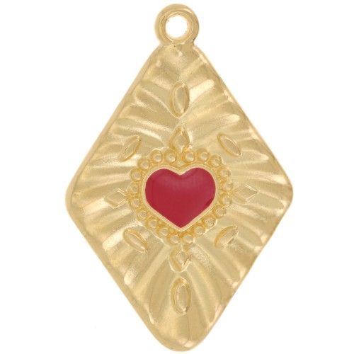 Colgante de diamante en forma de corazón 36x24 mm - Dorado con oro fino - Rojo x1