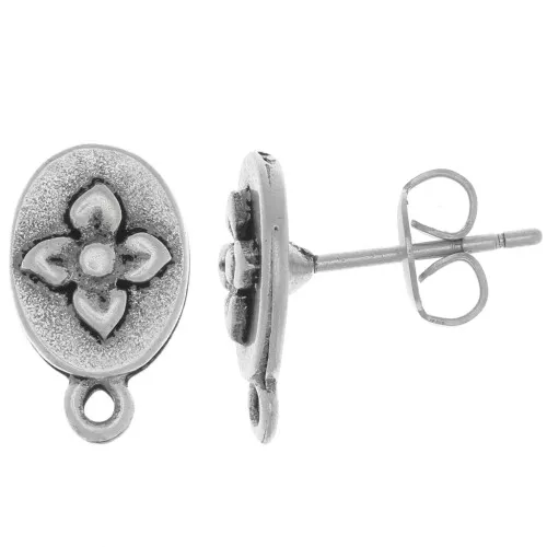 Ganchos pendientesovaladas 13x8 mm con motivo floral y anilla cerrada - Plata envejecida x2