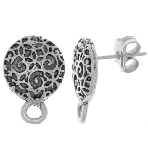 Ganchos pendientes redondas trabajadas 11 mm - Plata envejecida x2