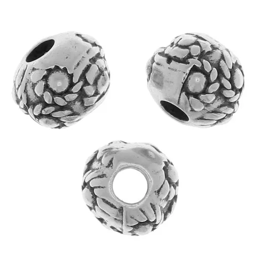 Cuentas redondas aplanadas 6 mm motivo flor - Plata envejecida x5