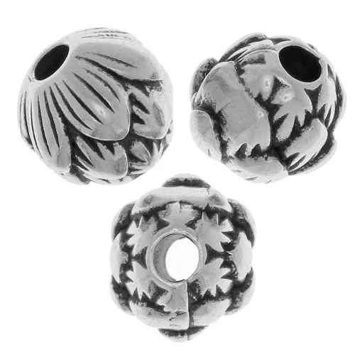 Cuenta redonda, motivo flor 8 mm - Plata envejecida x1