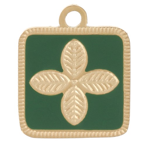 Colgante flor cuadrada 14x11 mm resina epoxi acero inoxidable 316L Dorado - Verde abeto