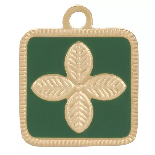 Colgante flor cuadrada 14x11 mm resina epoxi acero inoxidable 316L Dorado - Verde abeto