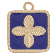 Charm cuadrado Flor 14x11mm resina epoxi Acero inoxidable 316L Dorado - Azul oscuro