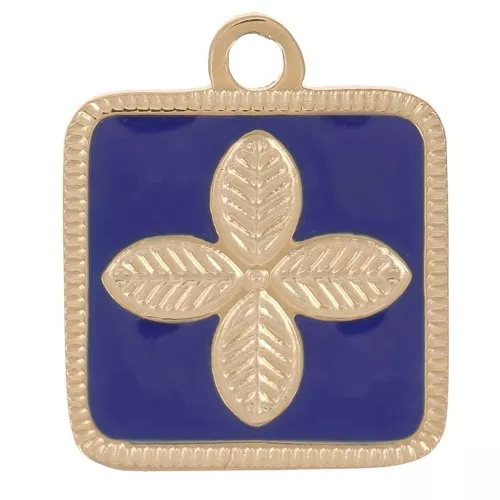Charm cuadrado Flor 14x11mm resina epoxi Acero inoxidable 316L Dorado - Azul oscuro