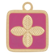 Charm cuadrado diseño flor 14x11mm resina epoxi Acero inoxidable 316L Dorado - Fucsia