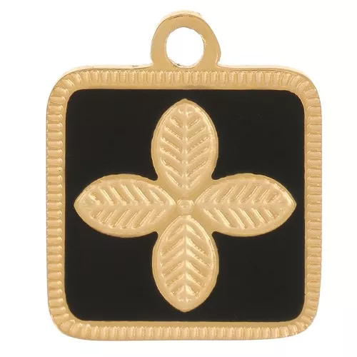 Colgante flor cuadrada 14x11 mm resina epoxi Acero inoxidable 316L Dorado - Negro