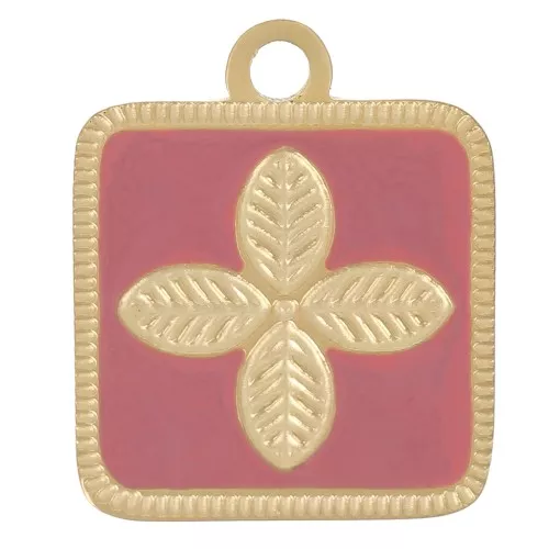 Colgante flor cuadrada 14x11 mm resina epoxi Acero inoxidable 316L Dorado - Rosa viejo