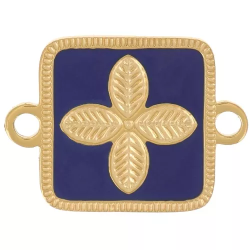Entrepieza cuadrado 16x11 mm - flor - resina epoxi Acero inoxidable 316L Dorado azul oscuro