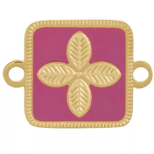 Entrepieza cuadrado 16x11 mm - flor - resina epoxi Acero inoxidable 316L Dorado - Fucsia