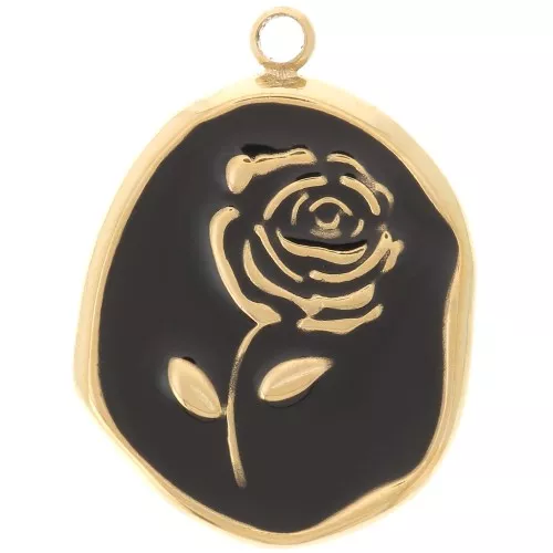 Colgante irregular 20x14,5 mm - Motivo rosa - Acero inoxidable 316L Dorado - Negro
