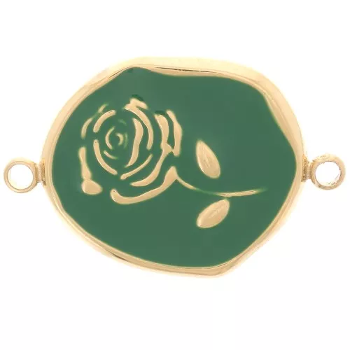 Entrepieza irregular 22x14,5mm - Motivo rosa - Acero inoxidable 316L dorado - Verde abeto