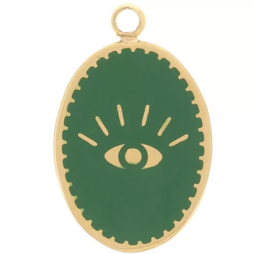 Charm oval 17x11 mm - Motivo ojo - Acero inoxidable Dorado 316L - Verde abeto x1
