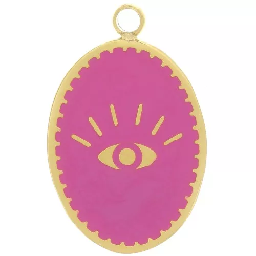 Dije Oval 17x11 mm - Diseño Ojo - Acero Inoxidable Dorado 316L - Fucsia x1