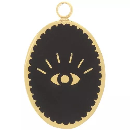 Charm oval 17x11 mm - Motivo ojo - Acero inoxidable dorado 316L - Negro x1