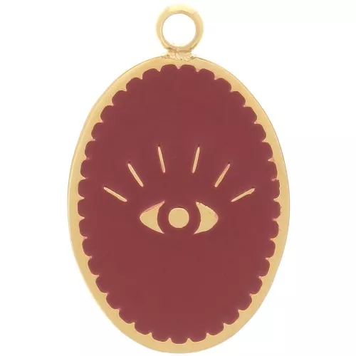 Charm oval 17x11 mm - Motivo ojo - Acero inoxidable Dorado 316L - Burdeos x1
