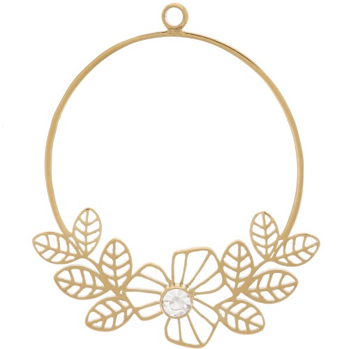 Colgante Redondo de 23mm con Flores Caladas y Circón - Acero Inoxidable 316L ORO - Cristal