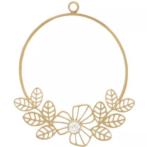 Colgante Redondo de 23mm con Flores Caladas y Circón - Acero Inoxidable 316L ORO - Cristal