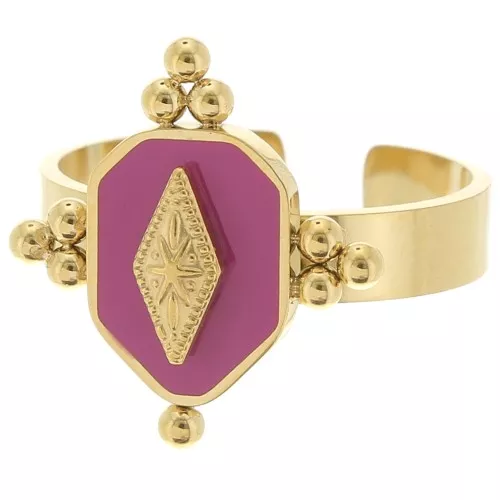 Anillo fantasía étnico con resina - ajustable - Acero inoxidable 316L Dorado - Fucsia