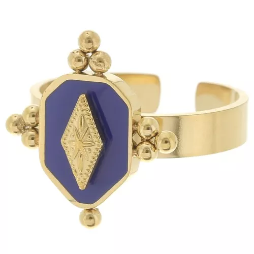 Anillo fantasía étnico con resina - ajustable - Acero inoxidable 316L Dorado - Azul oscuro