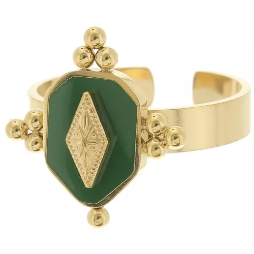 Anillo fantasía étnico con resina - ajustable - Acero inoxidable 316L Dorado - Verde abeto