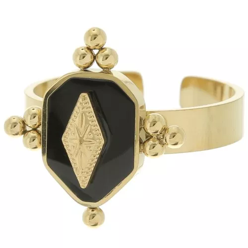 Anillo fantasía étnico con resina - ajustable - Acero inoxidable 316L Dorado - Negro x1