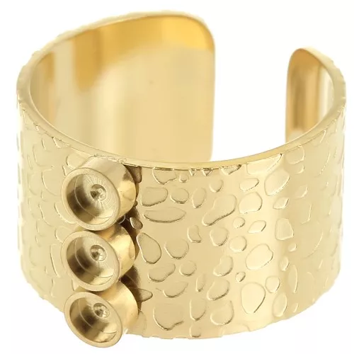 Anillo martillado ancho ajustable T.53 a T.59 - cabujones 3 mm - Acero inoxidable 316L Dorado