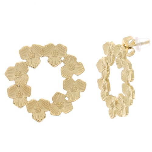 Pendientes Corona de Flores 23 mm - Acero Inoxidable 316L Dorado x2