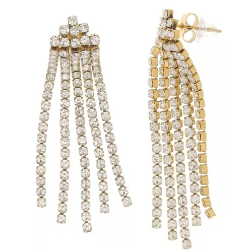 Pendientes flecos óxido de zirconio 54x10 mm - Acero inoxidable 316L Dorado - Cristal x2