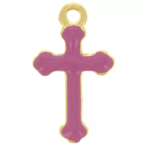 Colgante Cruz 19x11 mm en resina epoxi - Dorado con oro fino - Fucsia x1