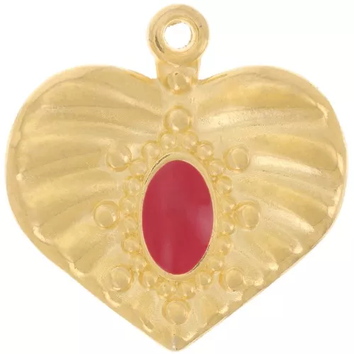 Colgante corazón efecto plisado 26 mm con resina epoxi - Dorado con oro fino - Rojo x1