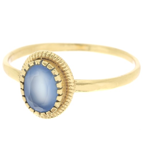 Anillo ovalado Calcedonia Contorno dentado azul - Talla 57 - Dorado fino x1