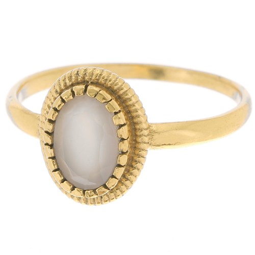 Anillo ovalado Calcedonia contorno dentado - Talla 57 - Dorado con oro fino x1