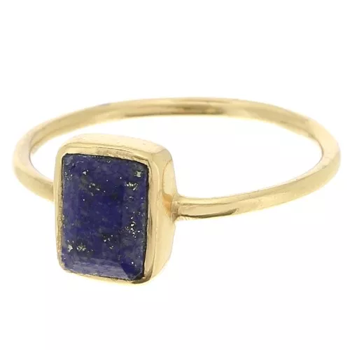 Anillo rectangular de piedras preciosas - Talla 57 - Dorado con oro fino - Lapislázuli x1