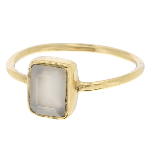 Anillo rectangular de piedras preciosas - Talla 52 - Dorado con oro fino - Calcedonia