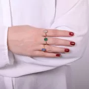 Anillo rectangular de piedras preciosas - Talla 52 - Dorado con oro fino - Calcedonia