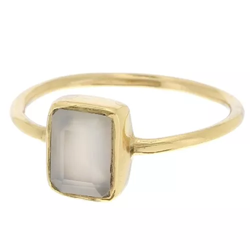 Anillo rectangular de piedras preciosas - Talla 54 - Dorado con oro fino - Calcedonia
