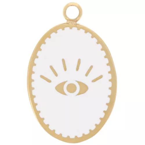 Dije ovalado 17x11 mm - motivo ojo - Acero inoxidable 304L Dorado - Blanco x1