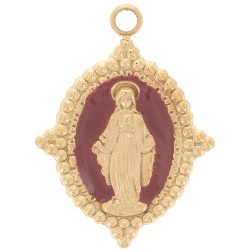 Colgante oval 19x14 mm - motivo Virgen - acero inoxidable chapado en oro 304L - Burdeos x1