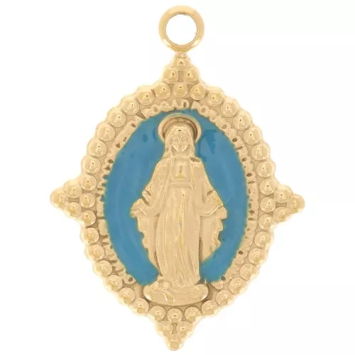 Colgante Oval 18x13 mm - Motivo Virgen - Acero inoxidable 316L Dorado - Turquesa x1