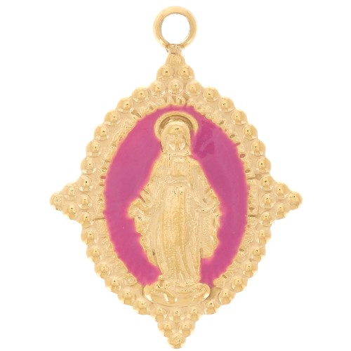 Colgante Oval 18x13 mm - Patrón Virgen - Acero inoxidable 316L Dorado - Fucsia x1