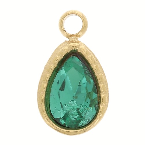 Dije en forma de gota de 10 x 6 mm con cristal facetado - Acero inoxidable 304 Dorado - Verde x1
