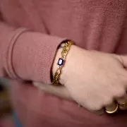 Entrepieza rectangular de cristal facetado 19x7,5 mm - Azul oscuro - Dorado x1