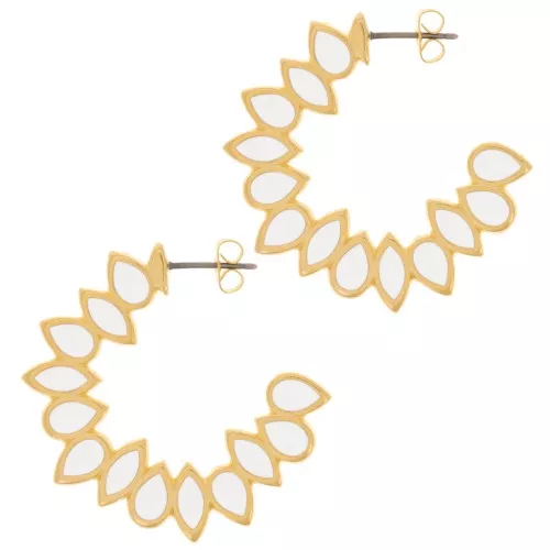 Pendientes de aro hoja resina epoxi 35 mm - Dorado - Blanco x2