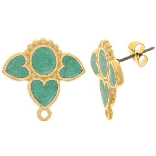 Pendientes corazones 20 mm con resina epoxi - Chapado en oro - Perla verde x2