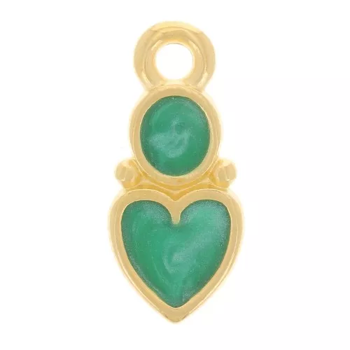 Colgante corazón y círculo 13x6 mm - Resina epoxi - Chapado en oro - Perla verde