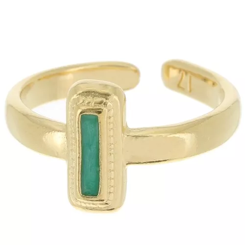 Anillo rectangular de resina epoxi - Talla 53 - Dorado con oro fino - Perla verde
